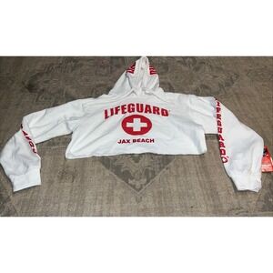 New Lifeguard Jax Beach Cropped Crop Hoodie Womens Size Medium‎ White Red